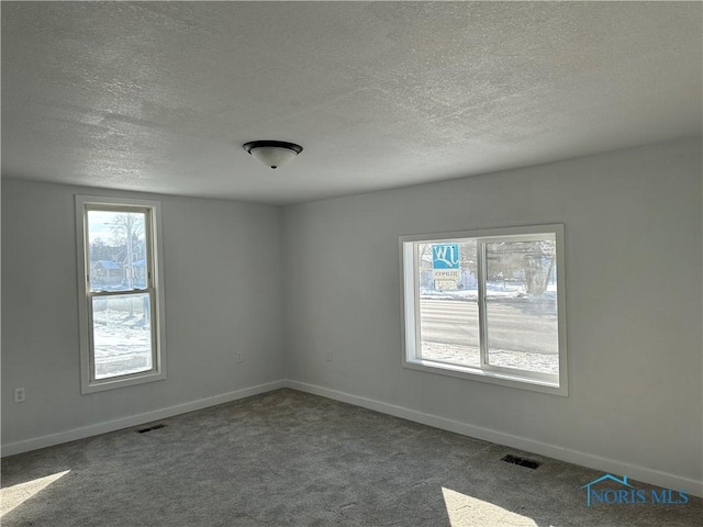 carpeted spare room with a healthy amount of sunlight, baseboards, and visible vents