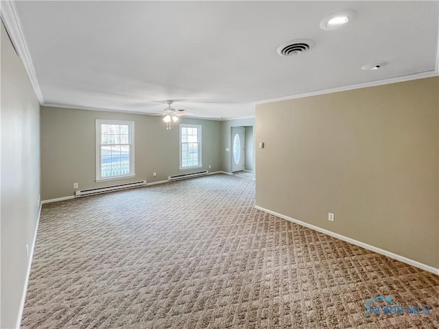 empty room with baseboards, visible vents, light carpet, and baseboard heating