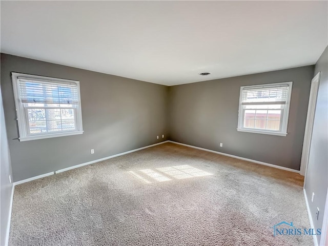 spare room featuring a wealth of natural light, carpet flooring, and baseboards