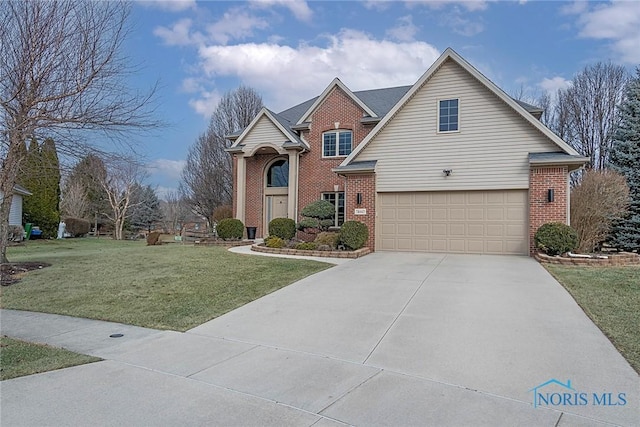 traditional-style home featuring a garage, concrete driveway, brick siding, and a front lawn