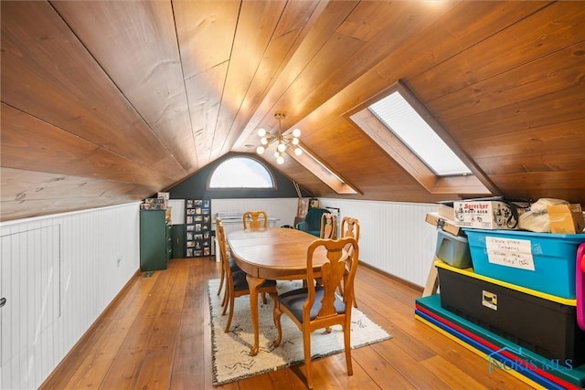 dining room featuring vaulted ceiling with skylight, wood-type flooring, and wooden ceiling