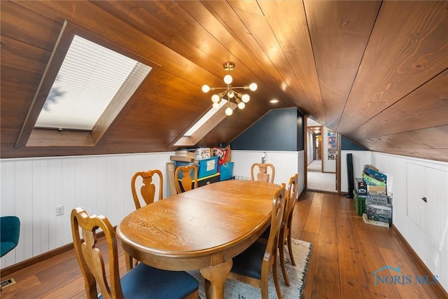 dining area featuring wooden ceiling, wood-type flooring, and vaulted ceiling