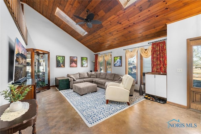 living room featuring high vaulted ceiling, a skylight, wood ceiling, and concrete floors