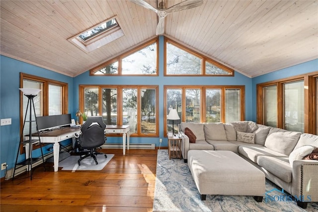 living area with hardwood / wood-style flooring, a baseboard heating unit, a skylight, wood ceiling, and baseboards