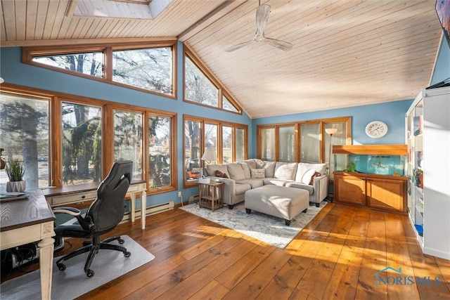 interior space with high vaulted ceiling, a skylight, wood ceiling, baseboard heating, and hardwood / wood-style floors