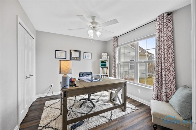 home office featuring ceiling fan, baseboards, and wood finished floors