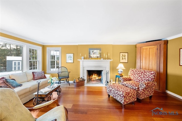 living area with a fireplace with flush hearth, ornamental molding, wood finished floors, and baseboards