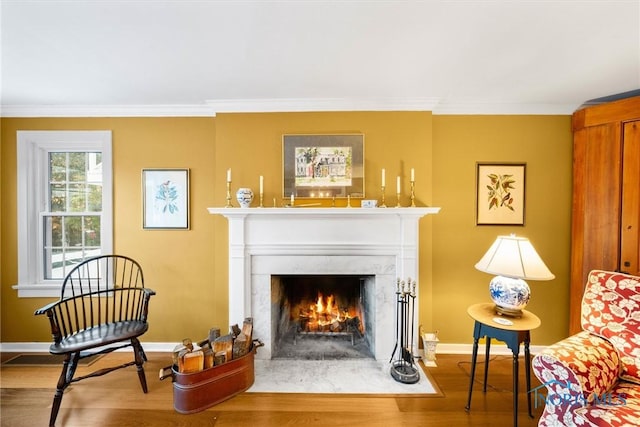 sitting room featuring baseboards, a fireplace, ornamental molding, and wood finished floors