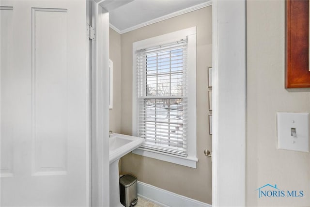 interior space with ornamental molding and baseboards