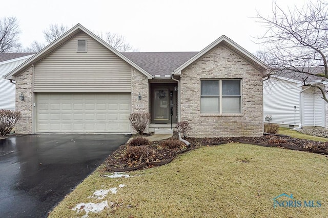 ranch-style house featuring aphalt driveway, brick siding, roof with shingles, an attached garage, and a front lawn