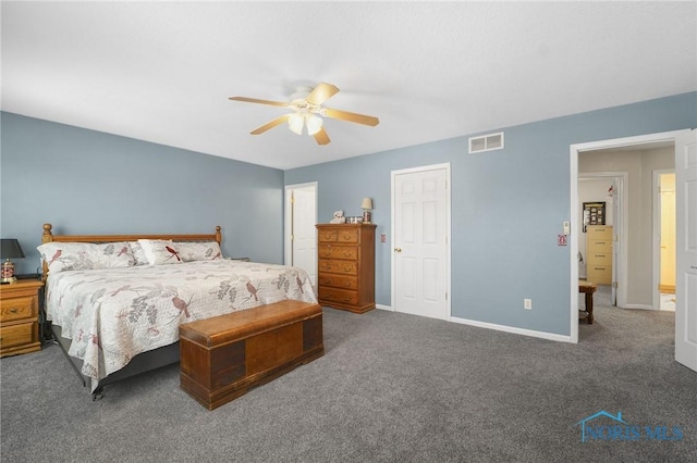 bedroom with ceiling fan, carpet, visible vents, and baseboards