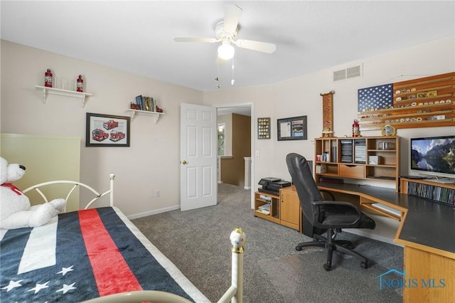 bedroom with a ceiling fan, baseboards, visible vents, and carpet flooring