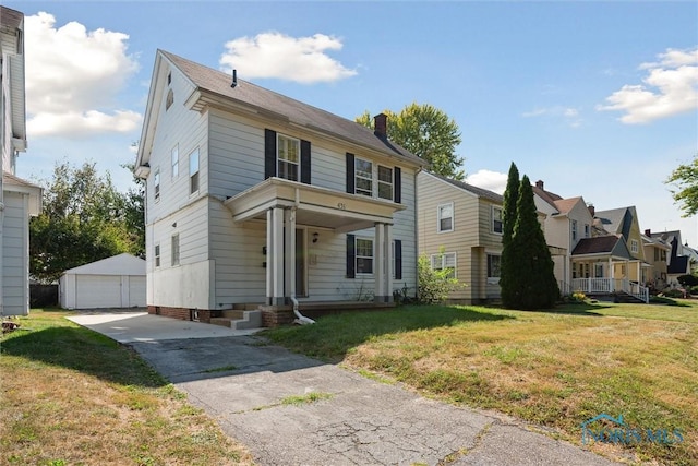 view of front of house featuring a detached garage, a chimney, a residential view, an outdoor structure, and a front lawn