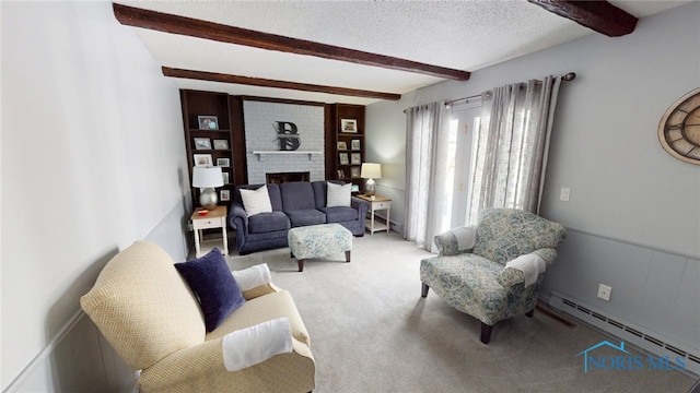 living area with a textured ceiling, a fireplace, carpet flooring, baseboard heating, and beamed ceiling