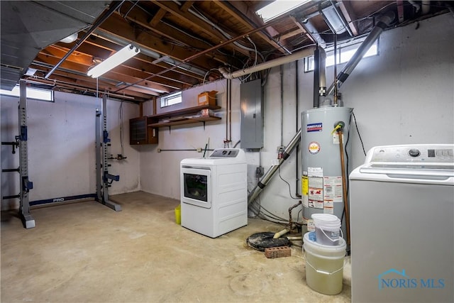 interior space featuring separate washer and dryer, gas water heater, and electric panel