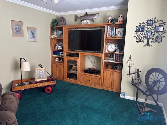 living room featuring crown molding, dark carpet, a textured ceiling, and baseboards