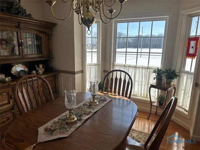 dining space featuring a water view, wood finished floors, and a notable chandelier