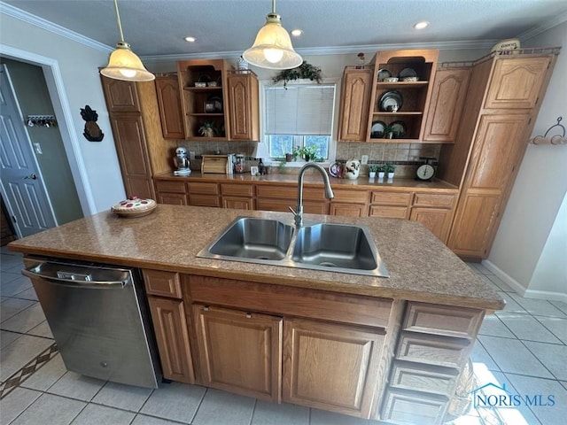 kitchen with dishwasher, open shelves, a sink, and a kitchen island with sink