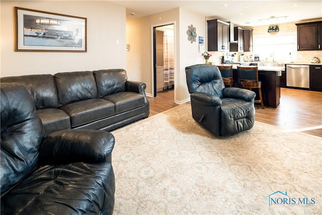 living area featuring baseboards and light wood finished floors