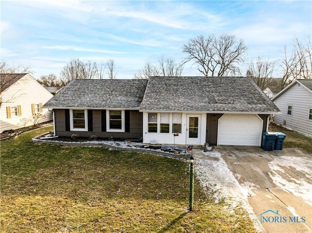 single story home featuring a garage, a front lawn, and roof with shingles