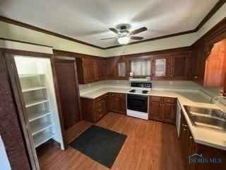 kitchen with white electric stove, light countertops, dark wood-type flooring, and a sink