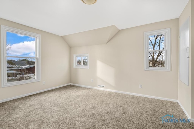 additional living space with carpet, visible vents, vaulted ceiling, and baseboards