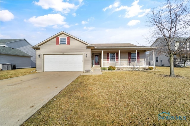 ranch-style home with an attached garage, a front lawn, a porch, and concrete driveway