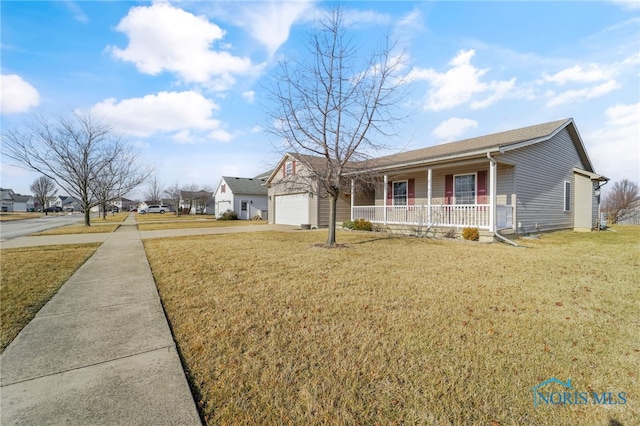 ranch-style house featuring an attached garage, a porch, concrete driveway, and a front yard