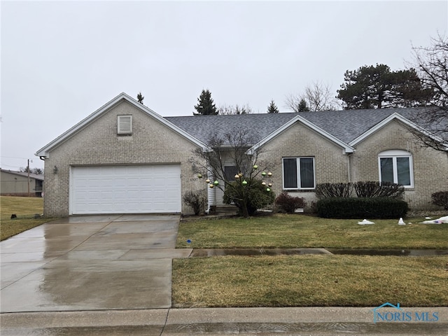 ranch-style home featuring an attached garage, brick siding, a shingled roof, concrete driveway, and a front yard