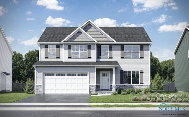 view of front facade with an attached garage, a shingled roof, stone siding, concrete driveway, and a front yard