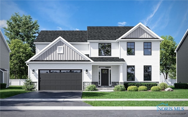 modern farmhouse with aphalt driveway, an attached garage, a shingled roof, fence, and board and batten siding