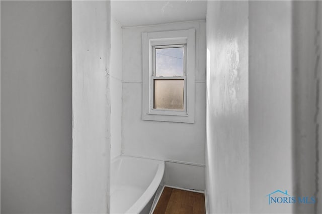 bathroom featuring wood finished floors and a washtub