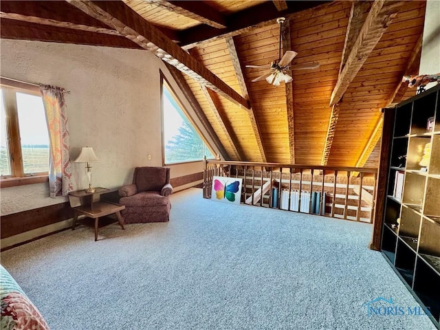 3190 Rd 204, Antwerp, OH 45813 - living area featuring wood ceiling, carpet, a ceiling fan, and a textured wall