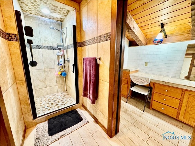3190 Rd 204, Antwerp, OH 45813 - full bathroom featuring a shower stall, wood finished floors, decorative backsplash, vanity, and wood ceiling