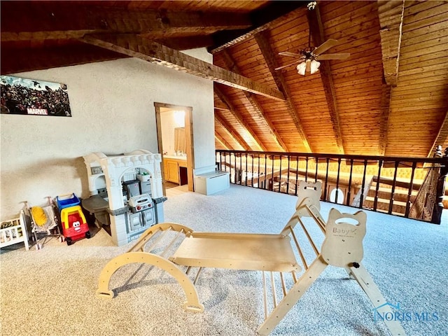 3190 Rd 204, Antwerp, OH 45813 - living area featuring carpet, ceiling fan, wood ceiling, and a textured wall