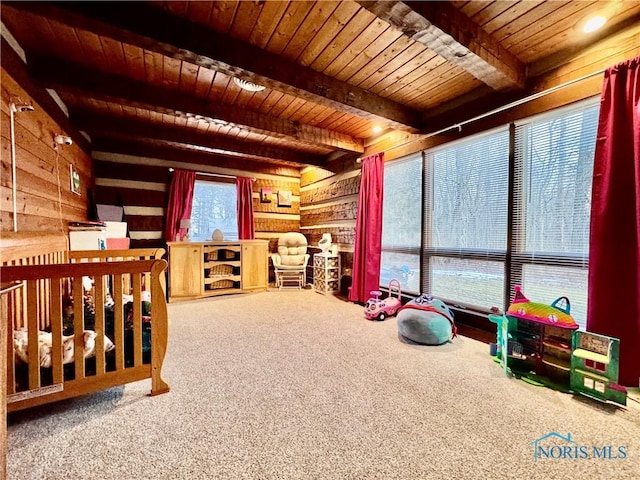 3190 Rd 204, Antwerp, OH 45813 - unfurnished bedroom with a wood ceiling with exposed beams, wood walls, and carpet