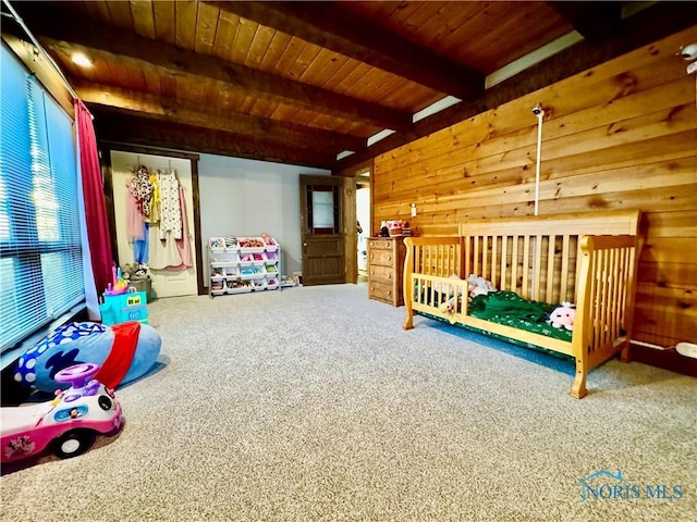 3190 Rd 204, Antwerp, OH 45813 - bedroom featuring a wooden ceiling with exposed beams, carpet flooring, and wood walls