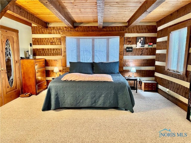 3190 Rd 204, Antwerp, OH 45813 - bedroom featuring a wooden ceiling with exposed beams, carpet, and wood walls