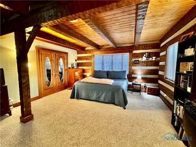 3190 Rd 204, Antwerp, OH 45813 - carpeted bedroom featuring a wooden ceiling with exposed beams and wood walls