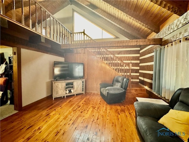 3190 Rd 204, Antwerp, OH 45813 - living room with wood-type flooring, stairs, wooden walls, a wood ceiling with exposed beams, and high vaulted ceiling