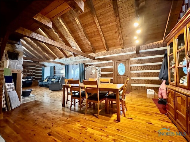 3190 Rd 204, Antwerp, OH 45813 - dining room featuring wood ceiling, light wood-type flooring, and wooden walls