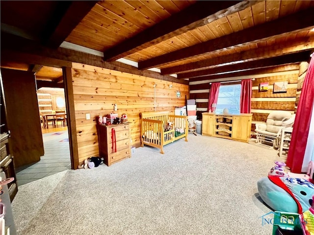 3190 Rd 204, Antwerp, OH 45813 - bedroom with wood walls, a wooden ceiling with exposed beams, and carpet floors