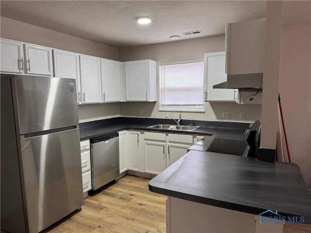 kitchen with stainless steel appliances, dark countertops, visible vents, white cabinetry, and a sink