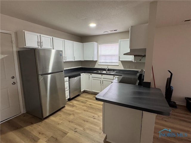 kitchen with stainless steel appliances, a peninsula, a sink, white cabinetry, and dark countertops