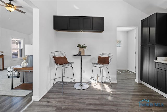 kitchen with dark cabinets, baseboards, vaulted ceiling, light countertops, and dark wood-style floors