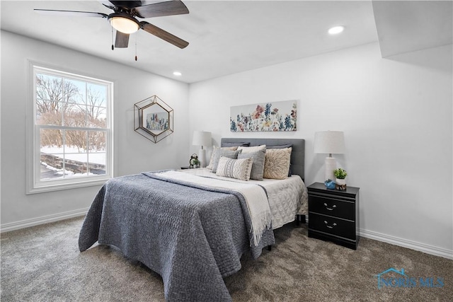 bedroom with a ceiling fan, dark colored carpet, baseboards, and recessed lighting