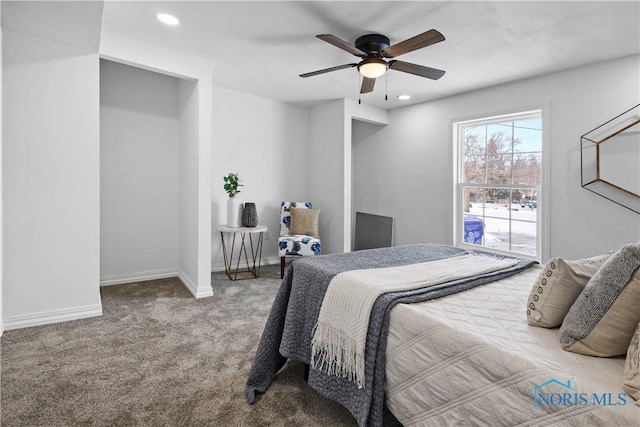 bedroom with recessed lighting, carpet flooring, ceiling fan, and baseboards