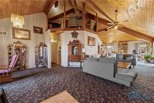 living area featuring wooden ceiling, carpet, high vaulted ceiling, beam ceiling, and ceiling fan with notable chandelier