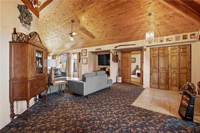 living area with high vaulted ceiling, wooden ceiling, carpet floors, a ceiling fan, and tile patterned floors