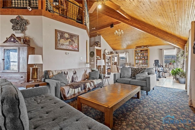 living room featuring light tile patterned flooring, high vaulted ceiling, wooden ceiling, beamed ceiling, and ceiling fan with notable chandelier